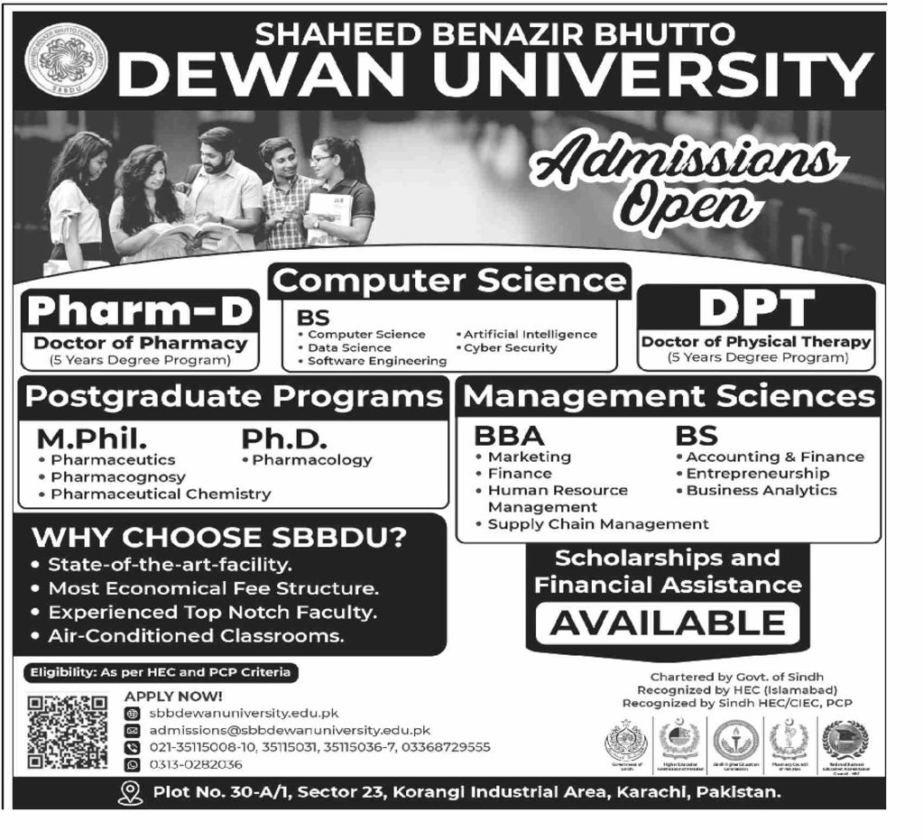 Admission notice for Shaheed Benazir Bhutto Dewan University Karachi